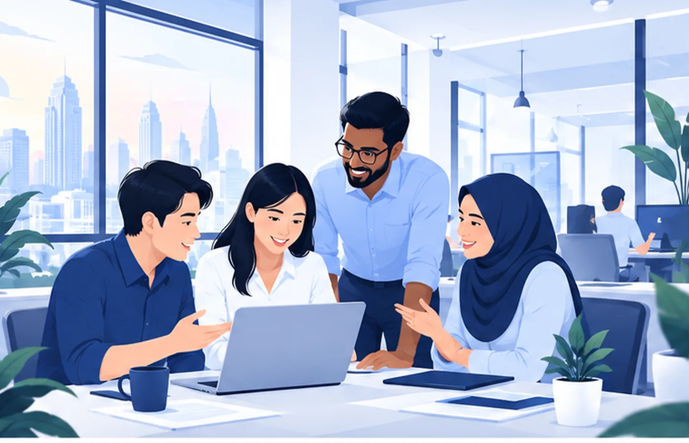 SMHG team collaborating in a Johor Bahru workspace illustration