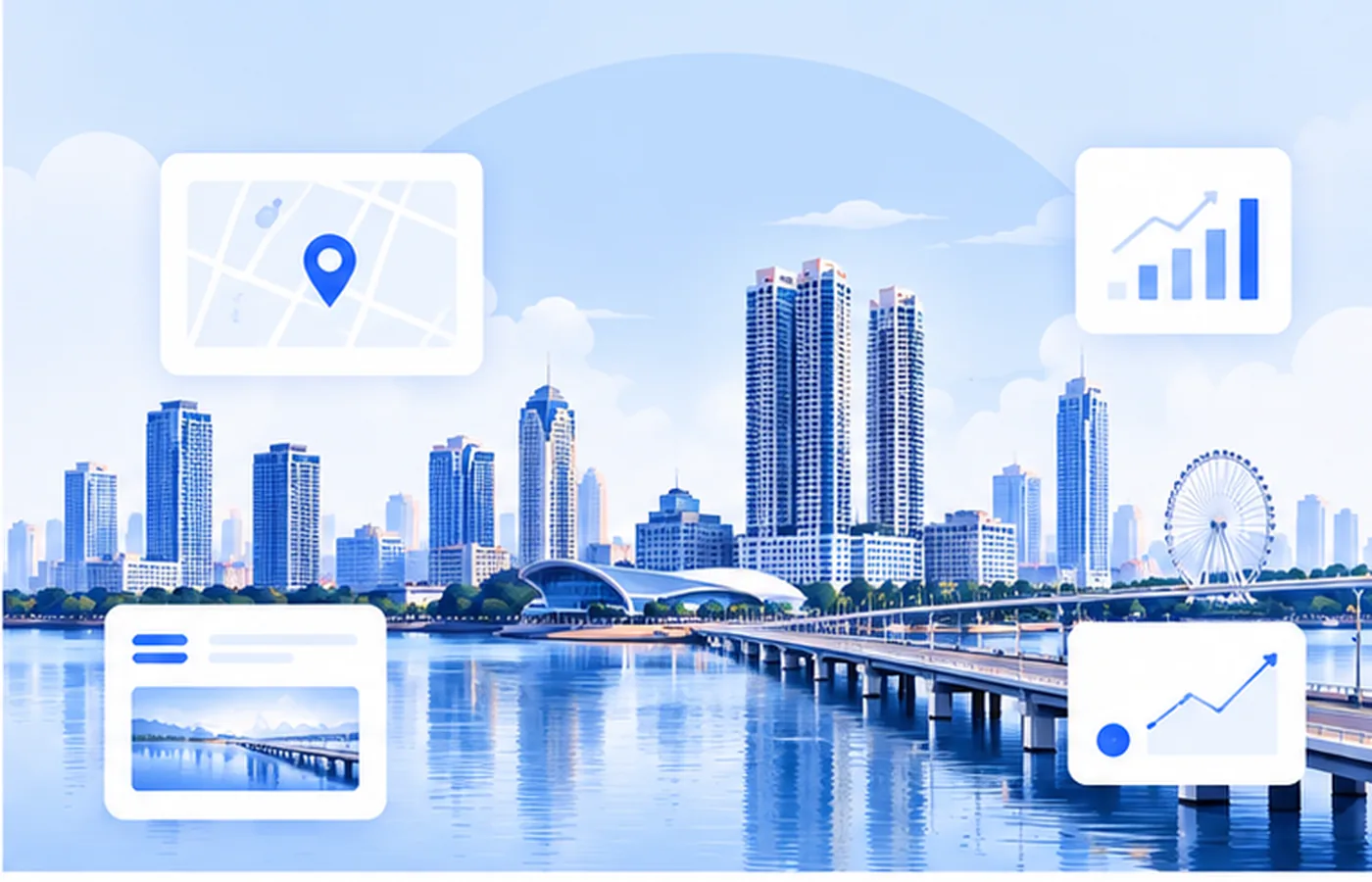 Stylised Johor Bahru skyline illustration with local business map markers